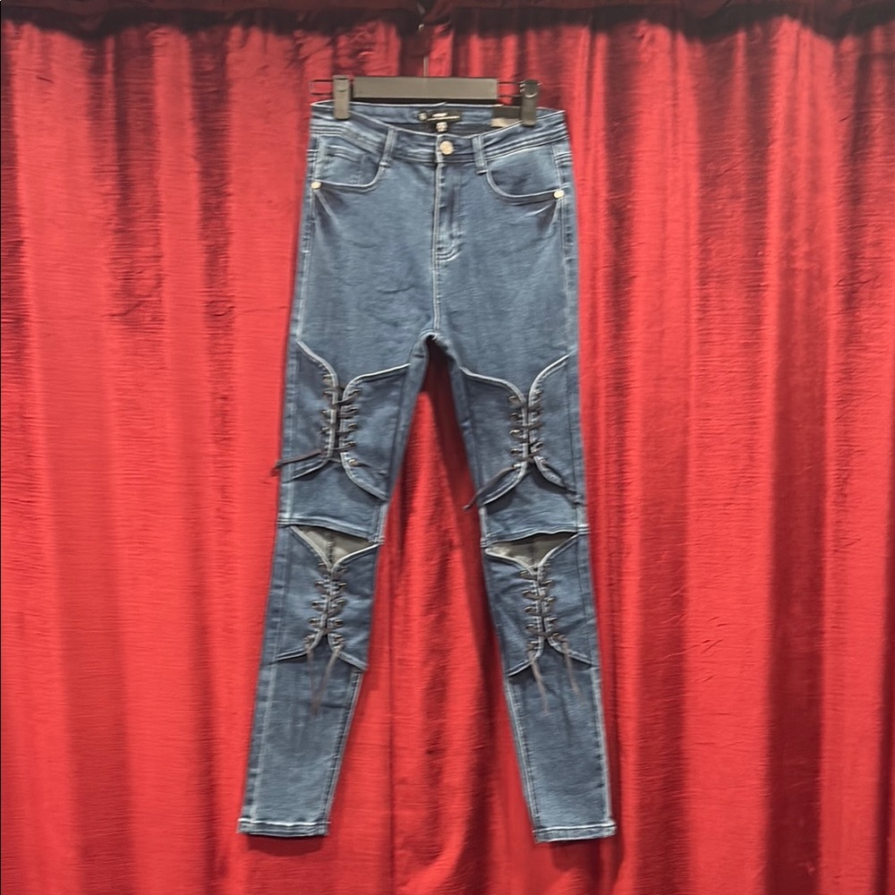 Missguided Rebel High Waisted Corset detail Skinny Jeans with Cutout Knees